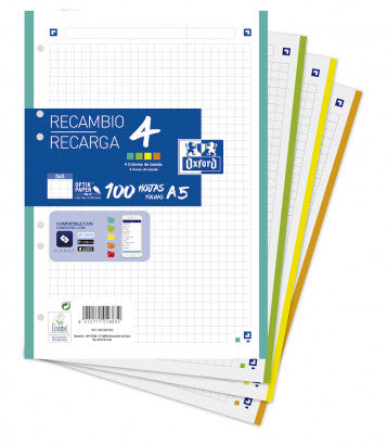 RECAMBIO 100 HOJAS PAQUETE A5+ 5X5 4 COLORES DE BANDA