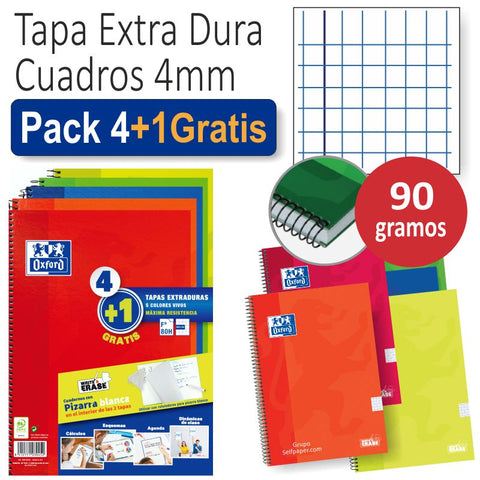 Pack 4+1 Cuadernos Fº Te School Write & Erase 80H 4x4 Surtido de Colores Vivos