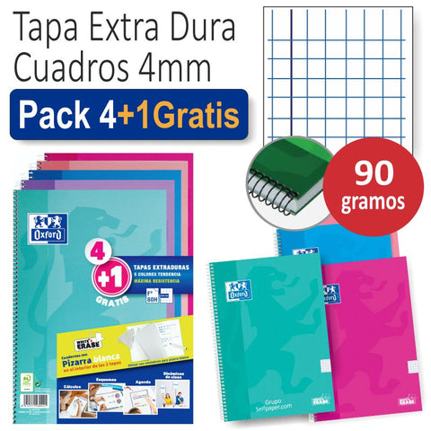 Pack 4+1 Cuaderno Fº TE School Write & Erase 80H 4x4 Surtido Colores Tendencia