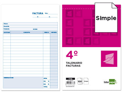 TALONARIO FACTURAS 4º SIMPLE 100 HOJAS LIDERPAPEL