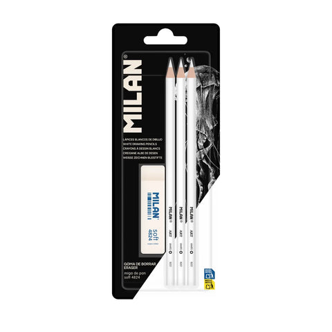 3 lápices blancos para dibujo + goma de borrar