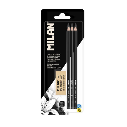 Blíster 3 lápices de carboncillo MILAN Art + goma The Master Gum Precio de oferta