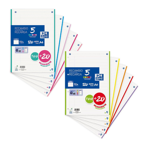 Recambio 5 colores 100+20 Hojas 1 línea 4 Taladros Oxford