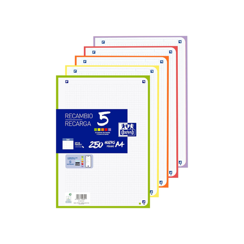 Recambio 5 colores A4 200+50 Hojas 5x5 4 Taladros Oxford
