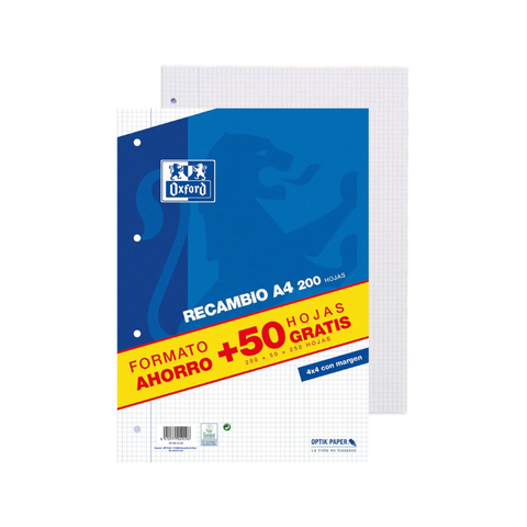 Recambio 200+50 Hojas 4x4 4 Taladros Oxford